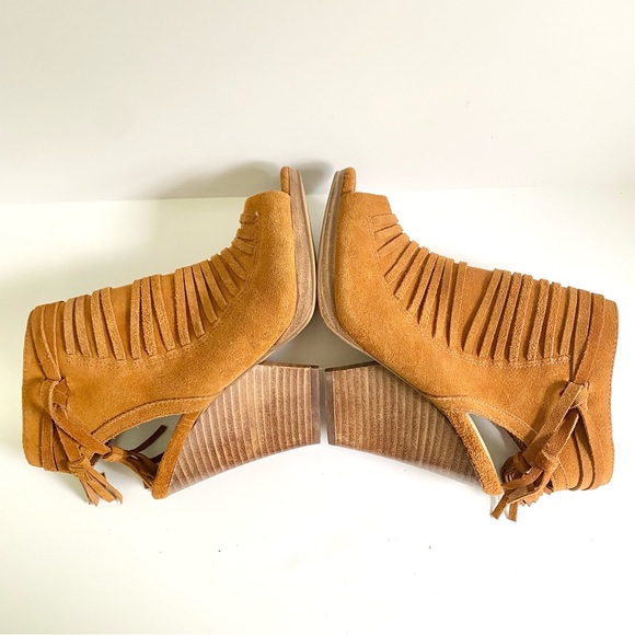 Vince Camuto Janessa Genuine Leather Suede Ankle Wedge Sandals Cognac Brown 7 - Picture 8 of 11